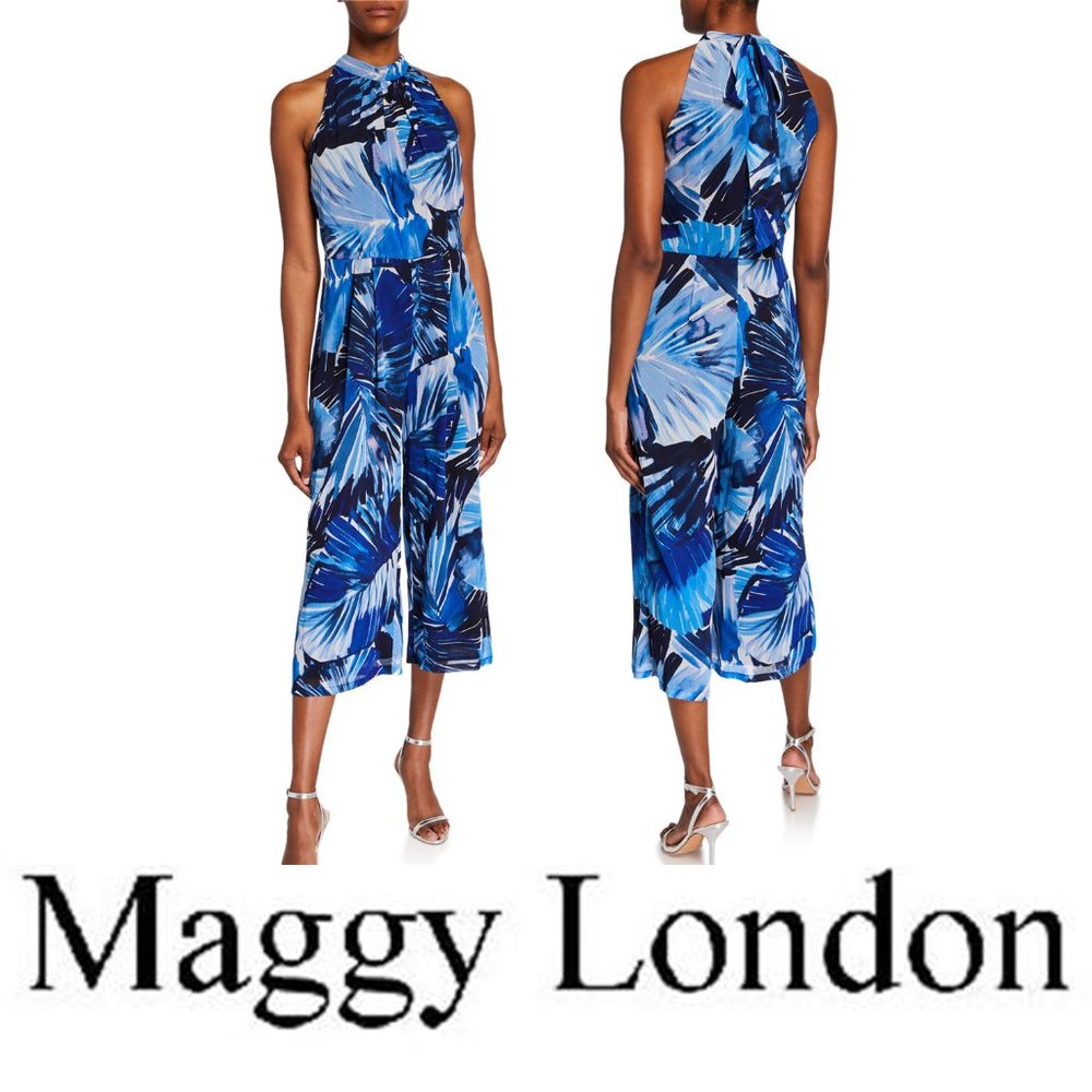 Maggy London Halter Palm-Print Cropped Jumpsuit